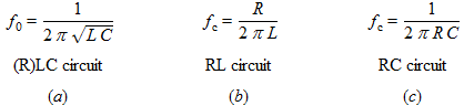 f0=1/(2πsqrt(LC)), fc=R/(2πL), fc=1/2²pi;RC